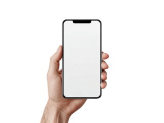 Hand holding smartphone with blank white screen mockup, Isolated On white, Png Transparent