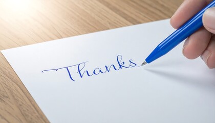Hand writing the word "Thanks" on white paper