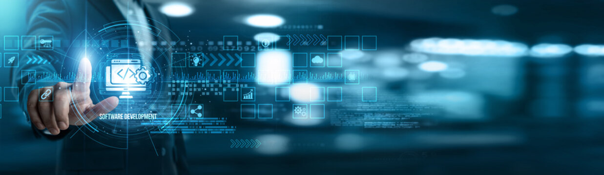 Businessman touching software development networking and code optimization, application testing, UI/UX design, version control, bug fixing, API integration, scalability planning.
