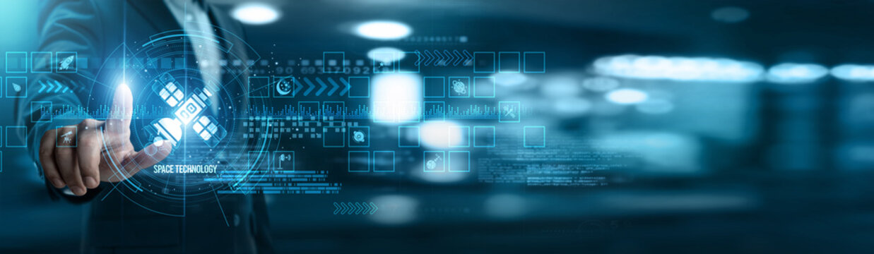 Businessman touching space technology networking and satellite systems, orbital data, mission planning, launch operations, spacecraft innovation, telemetry analysis, and navigation solutions.