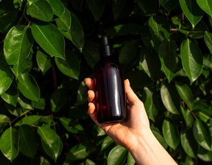 Hand holding dark amber bottle against lush greenery
