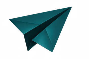 Teal origami paper airplane flying on a transparent background, perfect for travel and communication concepts