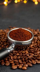 Coffee grounds in a portafilter, surrounded by coffee beans on a dark background.  Bokeh lights visible in the background