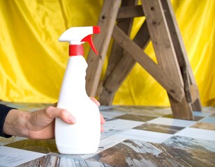 Hand holding cleaning spray bottle on tiled floor