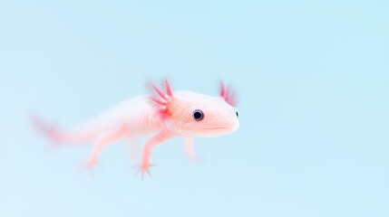 Adorable pink axolotl swimming in clear blue water