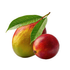 Two tropical fruits, mango and a similar red fruit, are prominently featured