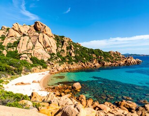 Coastal landscape with a secluded beach and rocky hills
