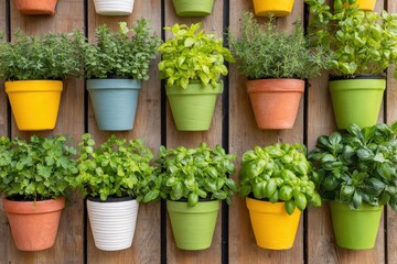 Fototapeta premium Colorful flowerpots containing herbs and aromatic plants hanging on a wooden wall