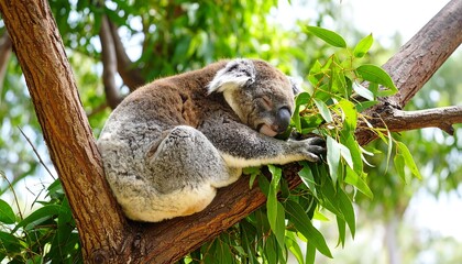 Obraz premium A sleepy koala rests comfortably amongst lush eucalyptus leaves on a sturdy tree branch.
