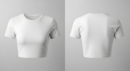 Two views of a plain white crop top, showcasing the front and back design, isolated against a neutral gray background.