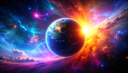 Obraz premium A vibrant, cosmic view of Earth, bathed in a kaleidoscope of radiant colors, surrounded by swirling nebulae and celestial bodies.