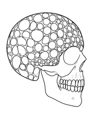 Profile view of a skull, decorated with many small, round shapes