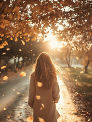A woman in a cozy beige cardigan walks under golden autumn trees as the setting sun bathes the scene in soft, dreamy light. Falling leaves dance around her in the breeze, cinematic