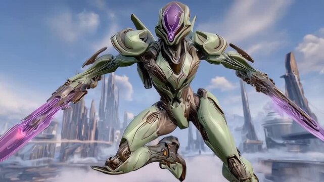 Futuristic Warrior with Energy Swords Hovering Above a Cyberpunk Cityscape with Clouds