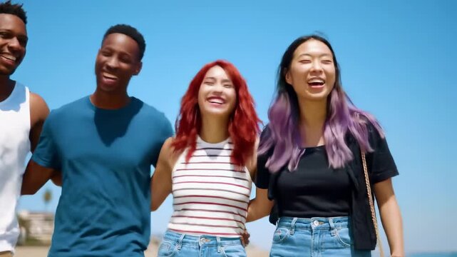 Happy diverse friends stroll beach, sunny sky