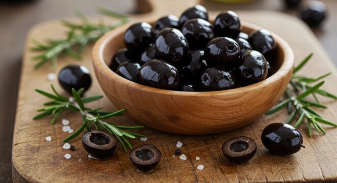 Fresh Black Olives in a Wooden Bowl with Rosemary and Sea Salt