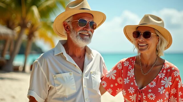 Happy senior couple wearing summer hats on tropical beach, concept of retirement lifestyle, love and travel, ideal for holiday campaigns, lifestyle branding and senior care promos, 4K, motion.