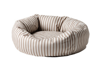 Round dog bed with beige and white stripes