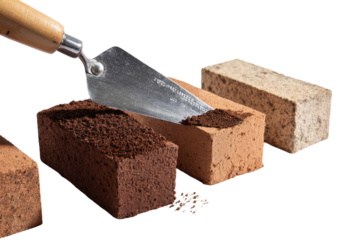 Three bricks of varying shades, light brown, dark brown, and beige, are being examined with a trowel.  Dark soil or compost is on the trowel and the bricks