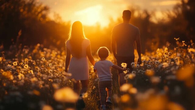 A family enjoys a tranquil morning walk through a field of blooming wildflowers. The golden sunlight envelops them, creating a serene and loving atmosphere. Their bond shines bright.