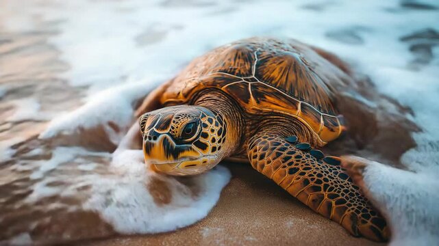 baby sea turtle on sand beach with gentle wave crashing, shore	

