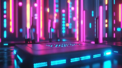 Futuristic server rack glowing in neon light cyberpunk style - Powered by Adobe