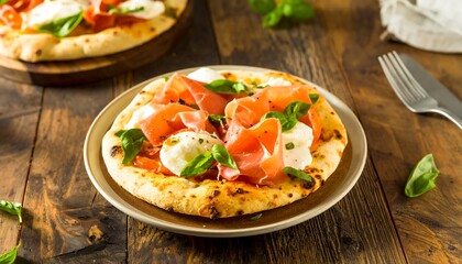 Deliciously topped pizza with fresh mozzarella, prosciutto, and basil sits on a plate, showcasing a warm and inviting atmosphere.