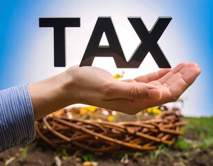 Hand holding the word TAX over a nest