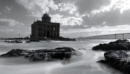 Coastal ruin, dramatic waves
