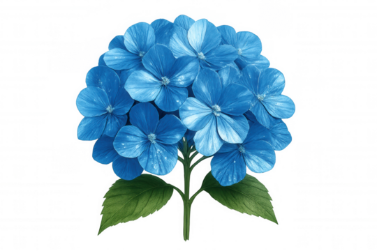 Vibrant blue hydrangea cluster blooming with verdant foliage, presenting clean transparent backdrop for graphic design applications