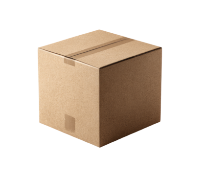 A simple, light beige cardboard box, squarely positioned.  A single,  horizontal strip of tape runs across its center
