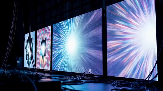 LED panels powering on for the first test backstage revealing vibrant visuals that will captivate event attendees.