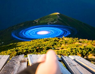 Hand on wooden deck, mountain vista with spiral galaxy