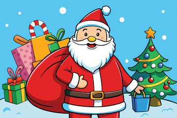 Cheerful Cartoon Santa Holding Present Sack in Snowy Scene