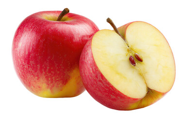 Two apples, one whole and one halved, close-up.  The whole apple is a vibrant red with yellow highlights. The halved apple reveals a pale yellow interior with small seeds