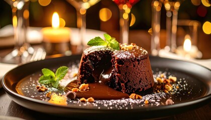  A rich chocolate lava cake with a melted chocolate center, garnished with mint leaves and chopped nuts, served on a black plate in a romantic candlelit setting. The concept of a romantic dessert
