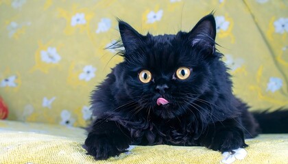 Black cat with yellow eyes on a yellow floral couch