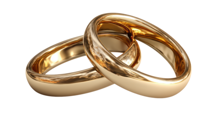Two intertwined gold wedding rings isolated on transparent background