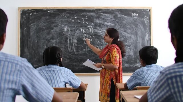 Female Indian Teacher Giving a Lesson in a Classroom.