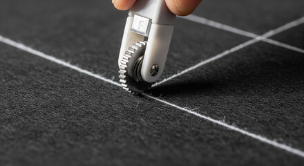 Close-up of a tailor's chalk wheel tracing a pattern onto dark wool felt