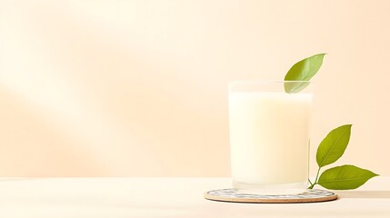 Minimalist still life of a glass with green leaves and soft lighting