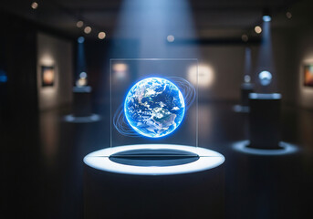 Futuristic holographic projection of Earth glowing in a modern museum exhibit