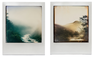 Two square instant photos. Misty landscapes, possible river