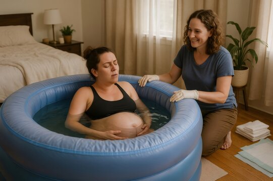 Pregnant woman having contractions in inflatable pool during home water birth, assisted by midwife
