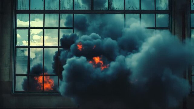 Explosion generating fire and smoke through window of industrial building