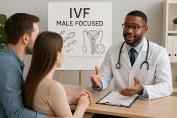 Obraz premium Doctor explaining ivf male focused procedure to couple in clinic, healthcare and medical concept