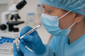 Lab technician wearing mask, cap and gloves labeling a vial with a permanent marker in a laboratory with a microscope in the background