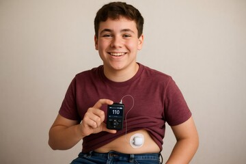 Portrait of a cheerful teenager showing his insulin pump and continuous glucose monitoring system managing his diabetes
