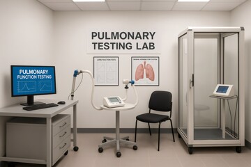 Modern pulmonary function testing lab with spirometry and body plethysmography equipment, ready for patient examination