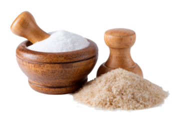 Grinding sea salt and sugar in wooden mortar kitchen setup still life